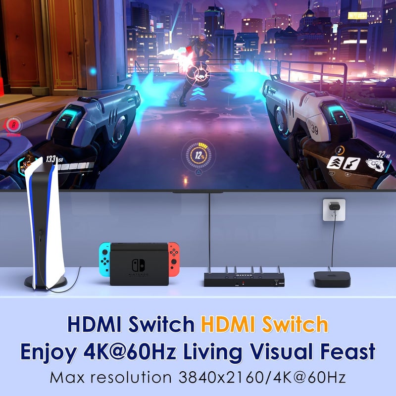 OseTub 4K@60Hz 4 in 1 Out HDMI Switch, 4 Port HDMI Switcher Selector Support HDR10 & HDCP 2.2 & Full 3D with IR Remote Control Compitable with Nintendo Switch,Xbox PS5/4,Fire Stick,Roku,Apple TV for Gaming - Image 5